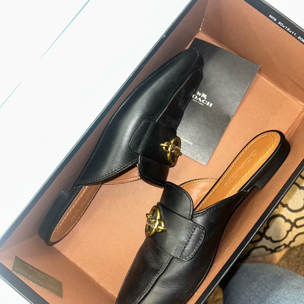 Coach Black Leather Slide Mules with Gold Accent - Picture 2 of 5